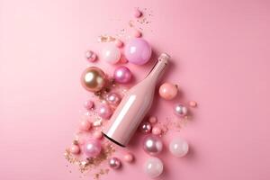 AI generated pink champagne bottle on pink background with some pink christmas tree balls, neural network generated photorealistic image photo