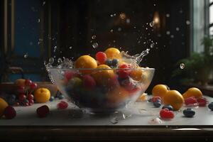 AI generated fresh fruit splashing in a bowl with cinematic light, neural network generated image photo