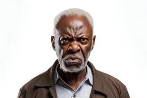 AI generated Angry mature African American man, head and shoulders portrait on white background. Neural network generated image photo