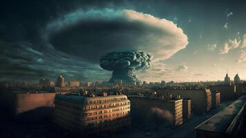 ai generado nuclear explosión seta nube terminado ruso ciudad a invierno mañana, neural red generado Arte foto