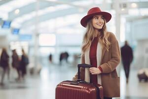 ai generado de viaje mujer con marrón sombrero y marrón maleta a aeropuerto sala, neural red generado fotorrealista imagen foto