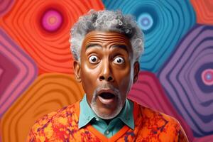 AI generated Surprised gray-haired African American man on colorful background. Neural network generated photorealistic image. photo