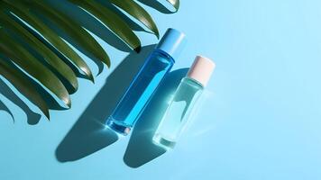 AI generated Sunblock lotion or perfume bottles with palm leaf on light-blue background, neural network generated image photo