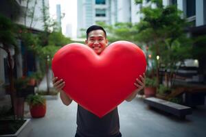 ai generado sonriente asiático hombre participación grande rojo corazón en el calle a día tiempo, neural red generado fotorrealista imagen foto