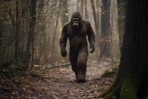 AI generated bigfoot in the woods walking at day time, neural network generated photorealistic image photo