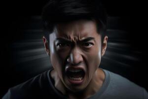 AI generated Angry young adult Asian man yelling, portrait on black background. Neural network generated image photo