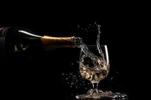 AI generated celebration theme with splashing champagne in filling wineglass with bottle on black background, neural network generated photorealistic image photo