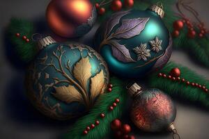 ai generado vistoso Navidad pelotas con complejo adornos de cerca, neural red generado Arte foto