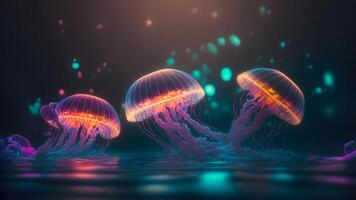 AI generated glowing sea jellyfishes on dark background, neural network generated art photo