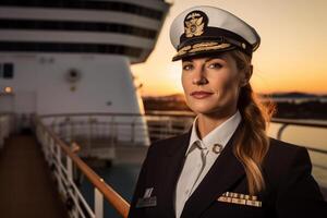 AI generated a female captain standing in front of the ship bokeh style background with Generated AI photo