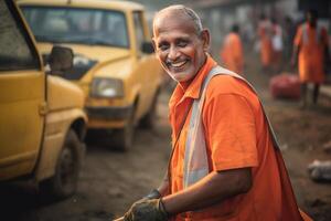 ai generado un masculino calle barrendero trabajador sonriente bokeh estilo antecedentes con generativo ai foto