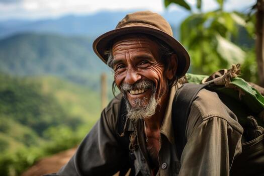 AI generated male coffee farmer smiling in front of his farm bokeh style background with Generative AI photo