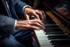 ai generado cerca arriba de manos jugando el piano bokeh estilo antecedentes con generado ai foto