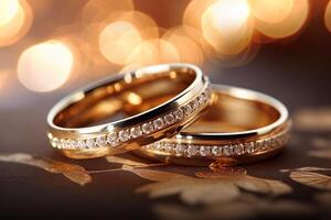 AI generated close up of two gold wedding rings bokeh style background with Generated AI photo