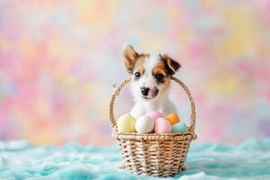 AI generated a cute puppy with colorful pastel easter eggs basket with generative ai photo