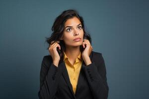 AI generated businesswoman looking on copy space with generative ai photo