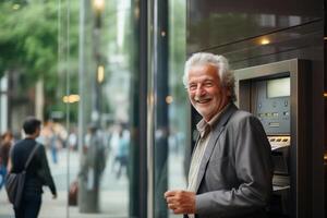 AI generated an old man standing behind atm machine with generative ai photo