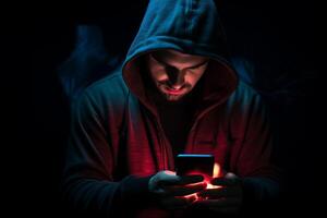 AI generated male hacker hacking from phone with generative ai photo