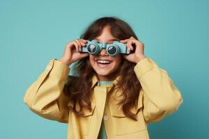 AI generated a young girl kid looking through binoculars with generative ai photo