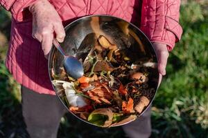 persona quien poner en un compostador algunos cocina residuos me gusta verduras, frutas, cáscara de huevo, café jardines en orden a ordenar y hacer bio fertilizante foto