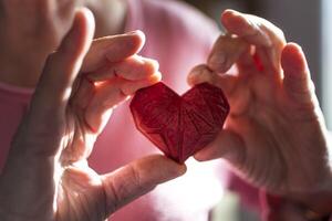 Woman hands holding red 3d printed heart. Ideal for diverse concept, love and health, gratitude and charity either technology photo