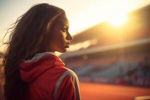 ai generado un joven bonito deportista mujer haciendo Mañana tramo rutina de ejercicio a estadio. deporte y sano estilo de vida. Copiar espacio bandera foto