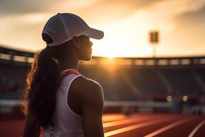 AI generated A young pretty sportsman woman doing morning stretch workout at stadium. Sport and healthy lifestyle. Copy space banner photo