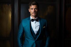 AI generated handsome man model wearing blue tuxedo bokeh style background with Generated AI photo