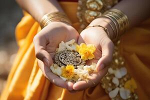 ai generado cerca arriba de indio niña mano participación flor con generativo ai foto