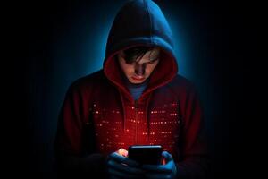 AI generated male hacker hacking from phone with generative ai photo