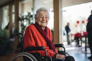 AI generated old disabled woman sitting on wheelchair in the nursing home bokeh style background with generative ai photo