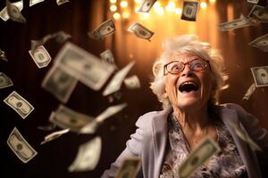 AI generated a happy old woman with money flying in the air with generative ai photo