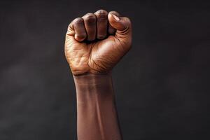 AI generated black skin hand raised fist with generative ai photo