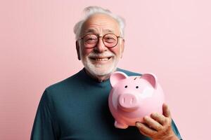 AI generated old man holding piggy bank with generative ai photo