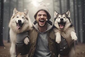 AI generated young man laughing with two huskies dogs bokeh style background with generative ai photo