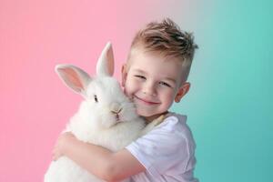 AI generated young boy kid cuddling a cute bunny with generative ai photo