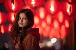 AI generated beautiful chinese woman celebrate at chinese lantern festival bokeh style background with generative ai photo