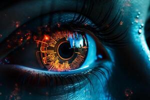 AI generated digital graphic in woman eye with generative ai photo