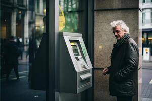 AI generated a middle age man using an atm machine bokeh style background with generative ai photo