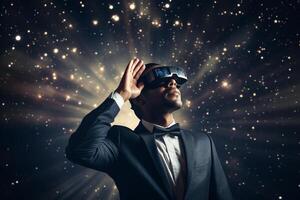 AI generated businessman wearing vr glasses looking at the night sky star with generative ai photo