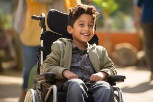 AI generated young disabled boy sitting on wheelchair at school smiling bokeh style background with generative ai photo