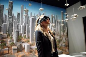 AI generated businesswoman wearing vr glasses looking at building landscape view  with generative ai photo