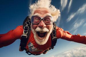 AI generated an old man taking a selfie while skydiving with Generated AI photo