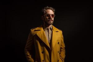 ai generado hermoso hombre modelo vistiendo amarillo traje con generado ai foto