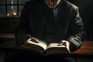 AI generated older pastor holding bible with generative ai photo