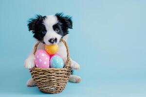 AI generated a cute puppy with colorful pastel easter eggs basket with generative ai photo