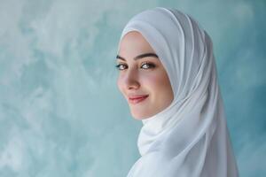 ai generado hermosa árabe musulmán mujer vistiendo blanco hijab con generativo ai foto