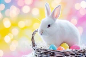AI generated a cute bunny with colorful pastel easter eggs basket bokeh style background with generative ai photo