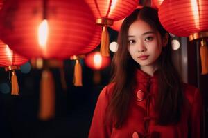 AI generated beautiful chinese woman celebrate at chinese lantern festival with generative ai photo