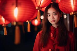 AI generated beautiful chinese woman celebrate at chinese lantern festival with generative ai photo